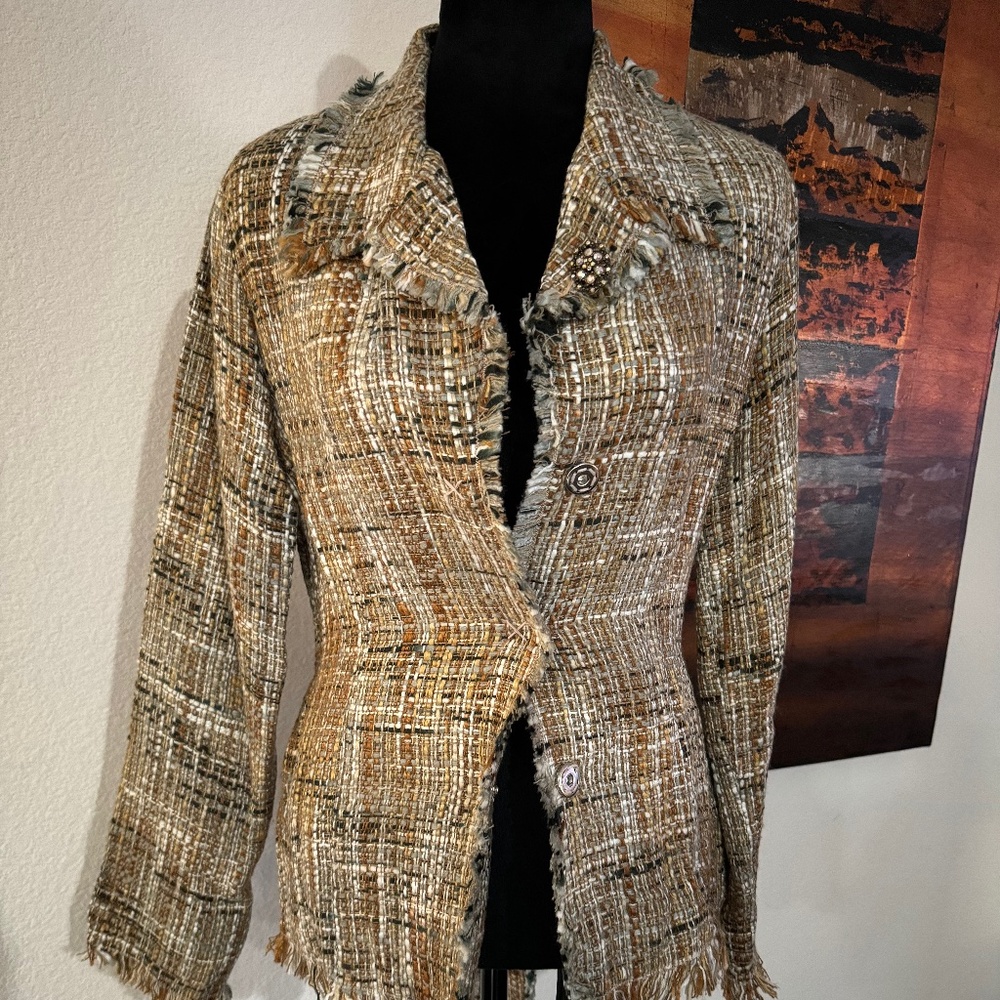 White House Black Market - Brown Tweed Plaid Jacket Belted - Size 6